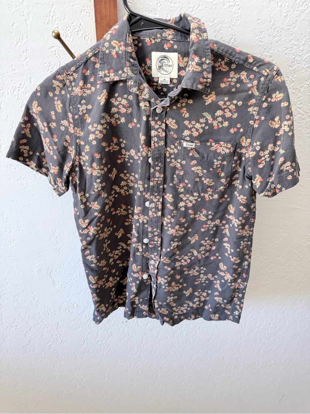 O'Neill Charcoal Short-Sleeve Button-Up with Pink Floral Pattern